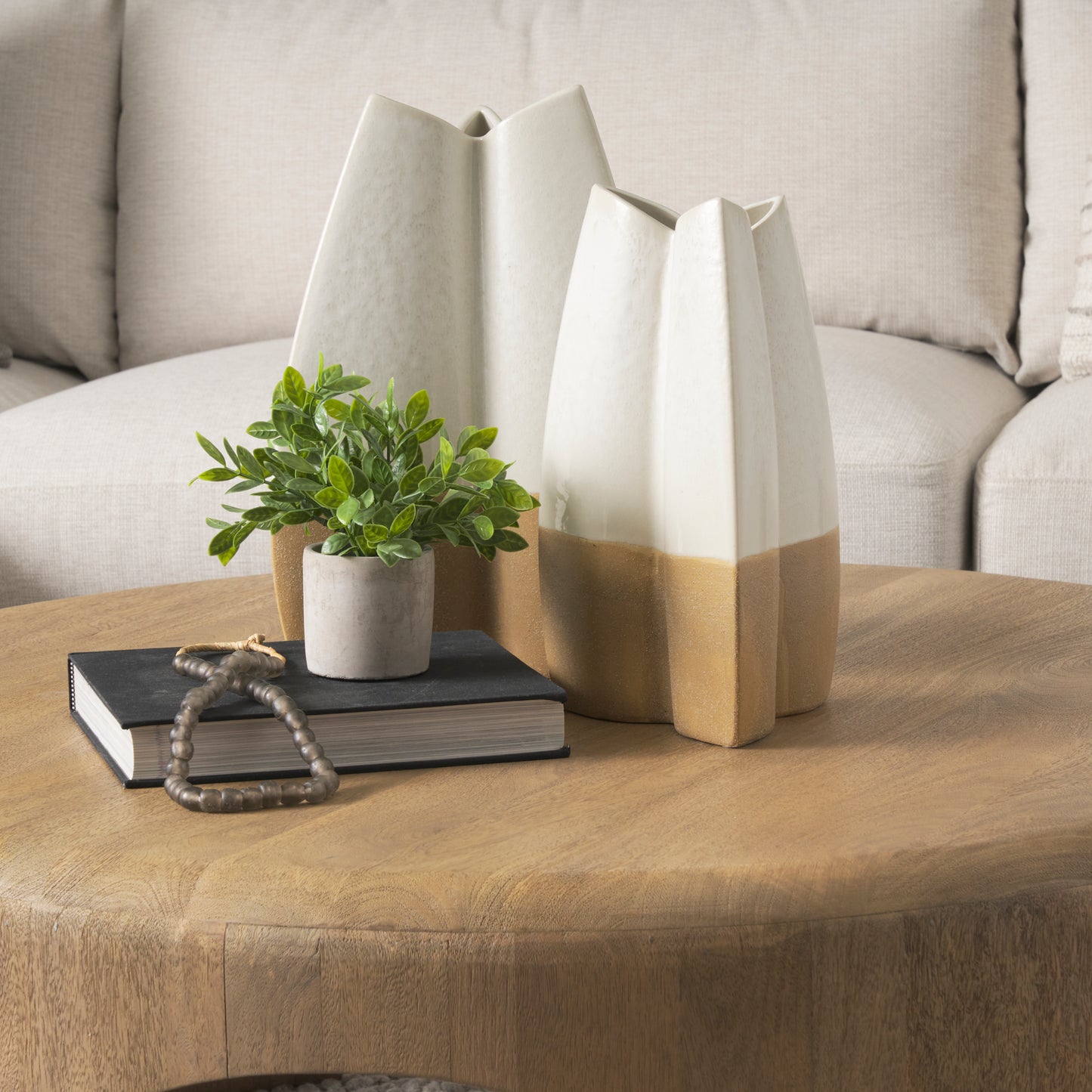 Vania Small Off White w/ Tan Textured Ceramic Vase