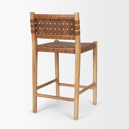 Shane Brown Wood w/ Woven Brown Leather Counter Stool