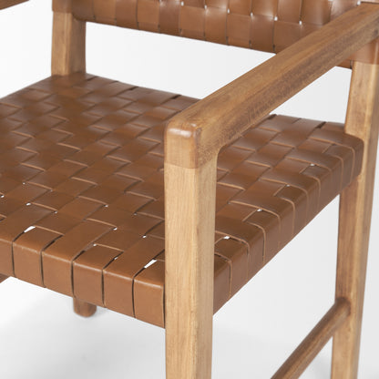 Shane Brown Wood w/ Woven Brown Leather Dining Armchair