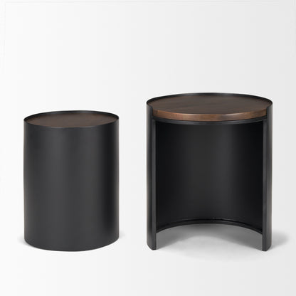 Varden Matte Black Metal w/ Dark Brown Wood Top Nesting Accent Tables