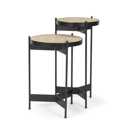 Wade Travertine Marble w/ Matte Black Metal End Tables