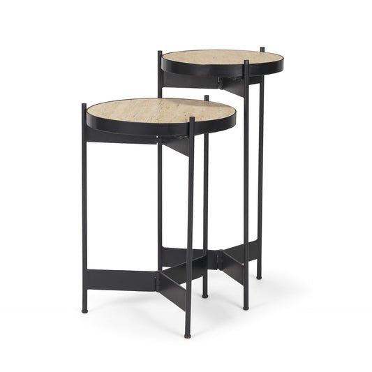 Wade Travertine Marble w/ Matte Black Metal End Tables