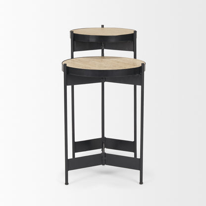 Wade Travertine Marble w/ Matte Black Metal End Tables
