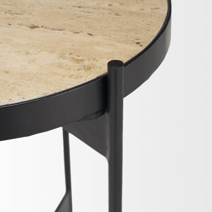 Wade Travertine Marble w/ Matte Black Metal End Tables