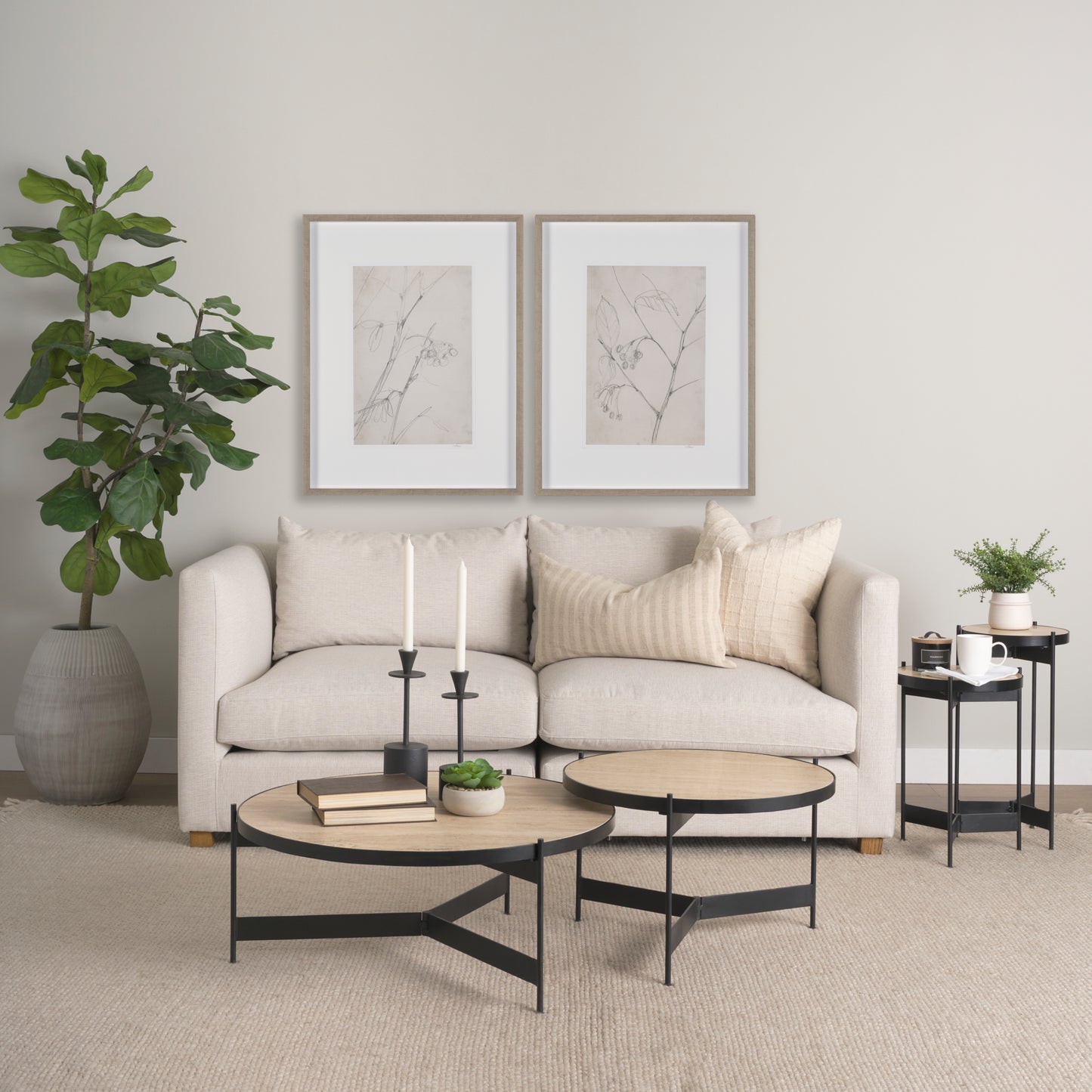 Wade Travertine Marble w/ Matte Black Metal Coffee Tables