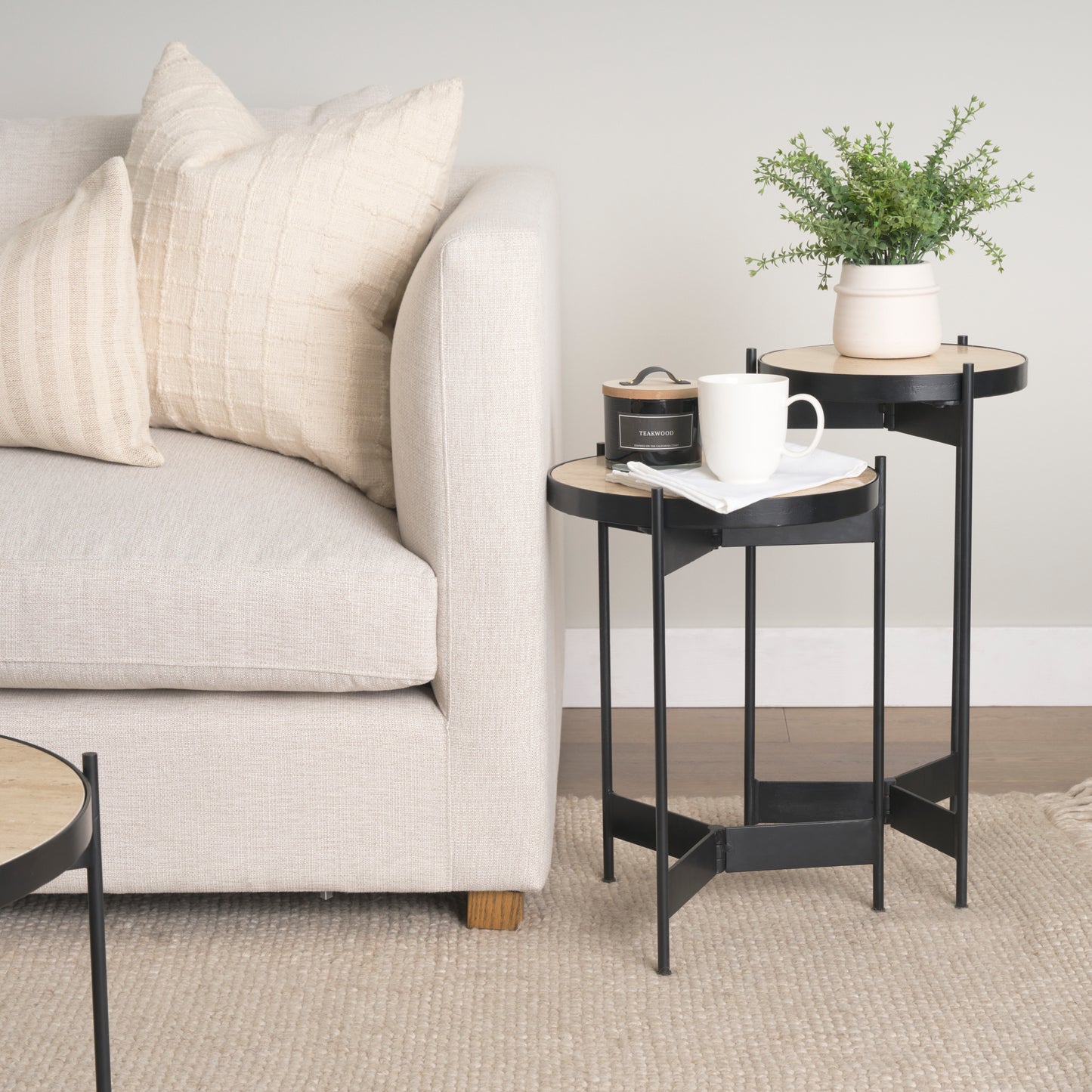 Wade Travertine Marble w/ Matte Black Metal End Tables