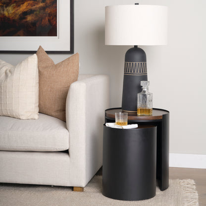 Varden Matte Black Metal w/ Dark Brown Wood Top Nesting Accent Tables