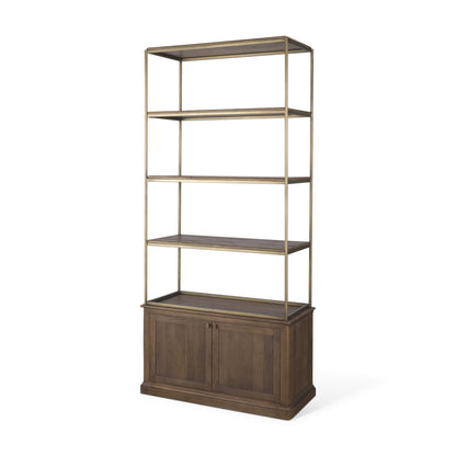 Baron Dark Brown Wood w/ Antiqued Aged Brass Metal 2-Door Open Shelving Unit