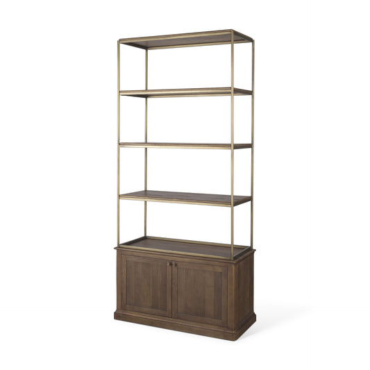 Baron Dark Brown Wood w/ Antiqued Aged Brass Metal 2-Door Open Shelving Unit