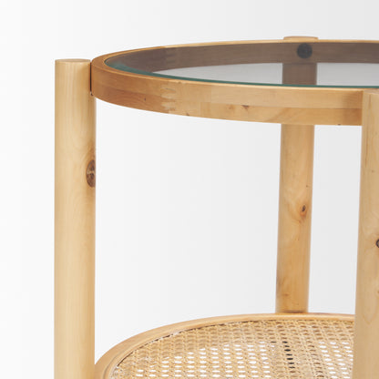 Weslyn Solid Light Brown Wood and Glass Top w/ Cane Side Table