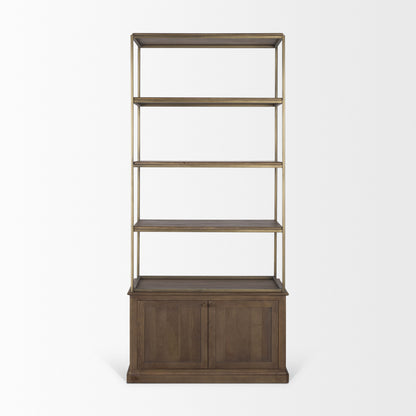 Baron Dark Brown Wood w/ Antiqued Aged Brass Metal 2-Door Open Shelving Unit