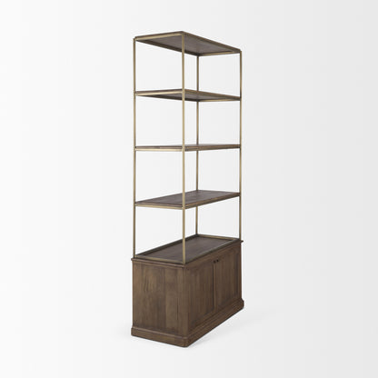 Baron Dark Brown Wood w/ Antiqued Aged Brass Metal 2-Door Open Shelving Unit