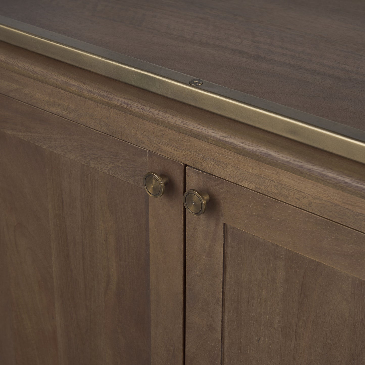 Baron Dark Brown Wood w/ Antiqued Aged Brass Metal 2-Door Open Shelving Unit