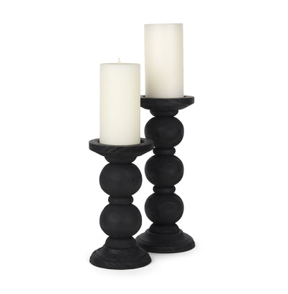 Wanda Matte Black Wood Pillar Candle Holders (Set of 2)