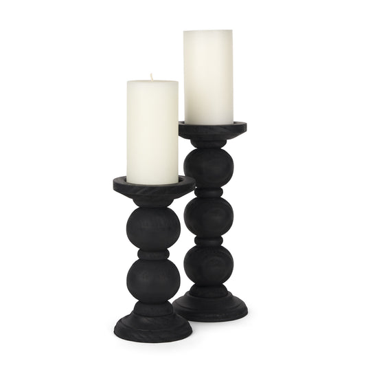Wanda Matte Black Wood Pillar Candle Holders (Set of 2)