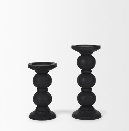 Wanda Matte Black Wood Pillar Candle Holders (Set of 2)
