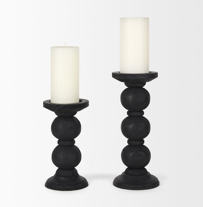 Wanda Matte Black Wood Pillar Candle Holders (Set of 2)