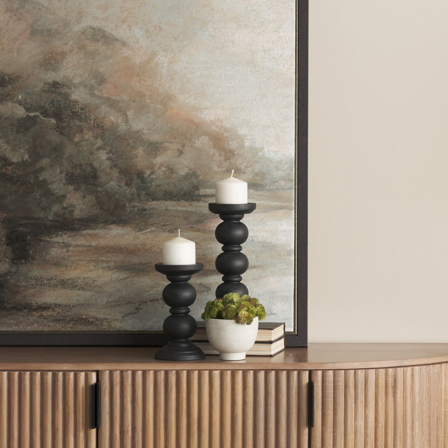 Wanda Matte Black Wood Pillar Candle Holders (Set of 2)