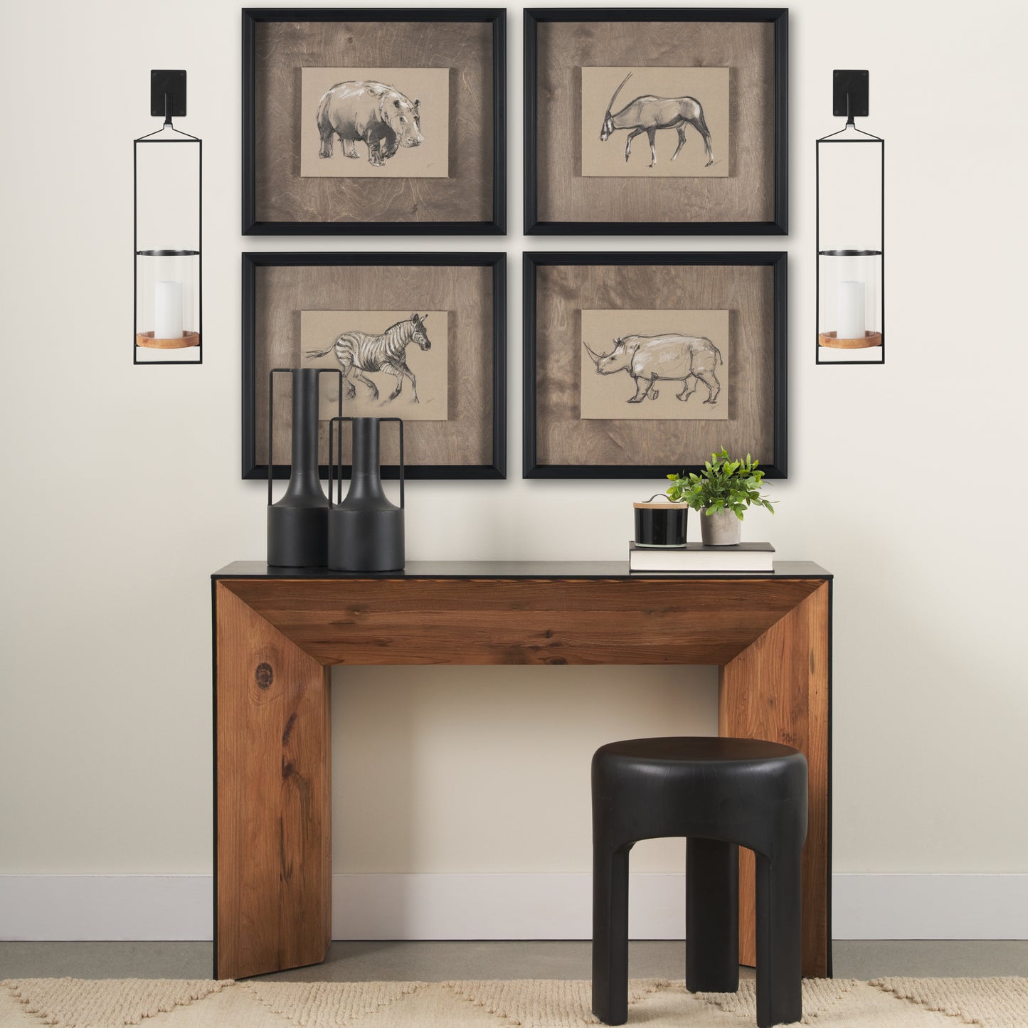 Avram 5.9L x 7.1W x 24.0H Black Metal Frame and Wood Hanging Candle Holder