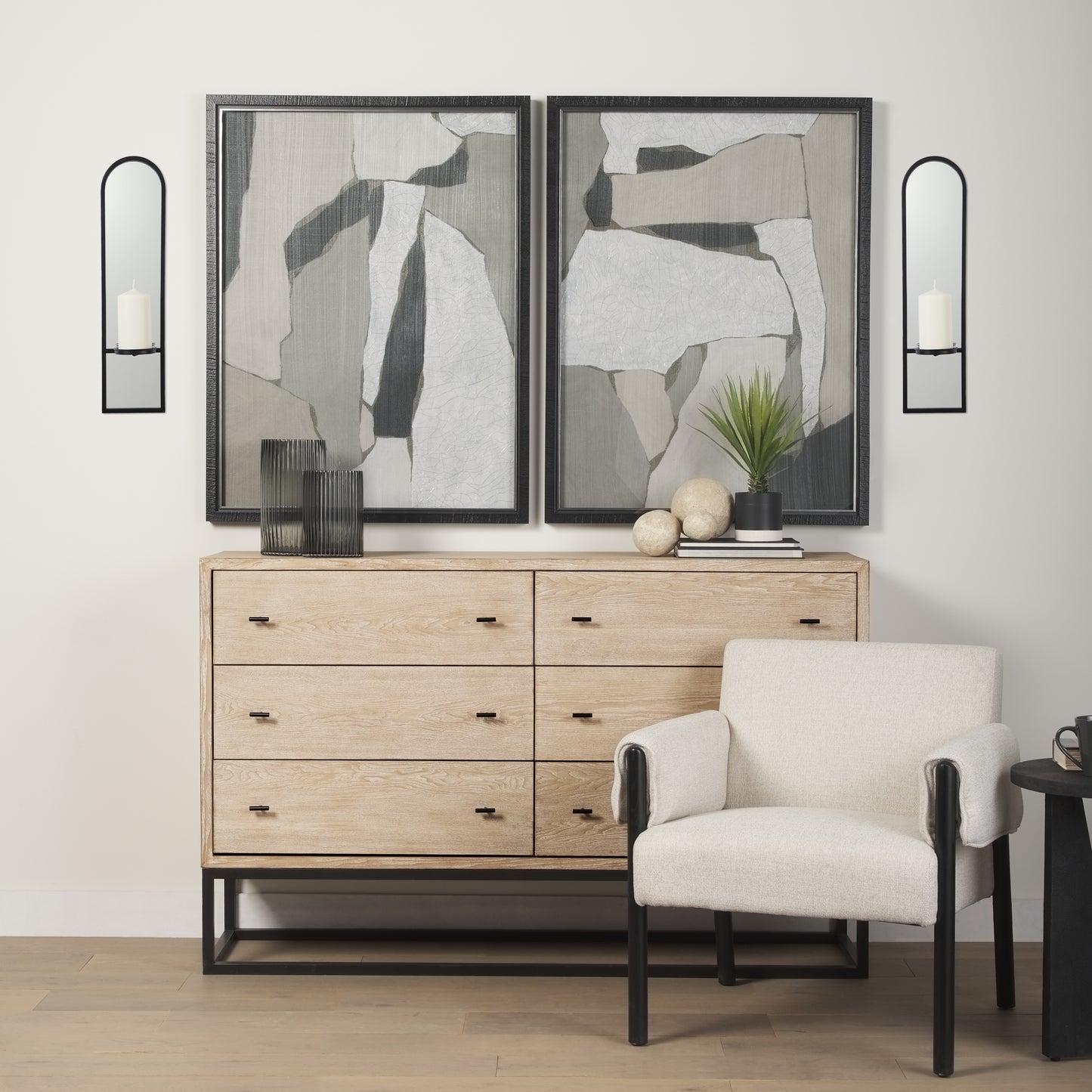 Evianna 7L x 7W x 25H Mirrored W/Black Metal Frame Wall Candle Holder