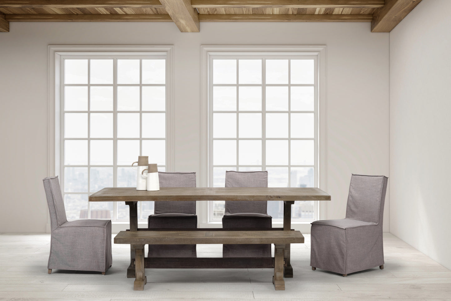 Elbert I Grey Fabric Slip-Cover Brown Wooden Base Dining Chair