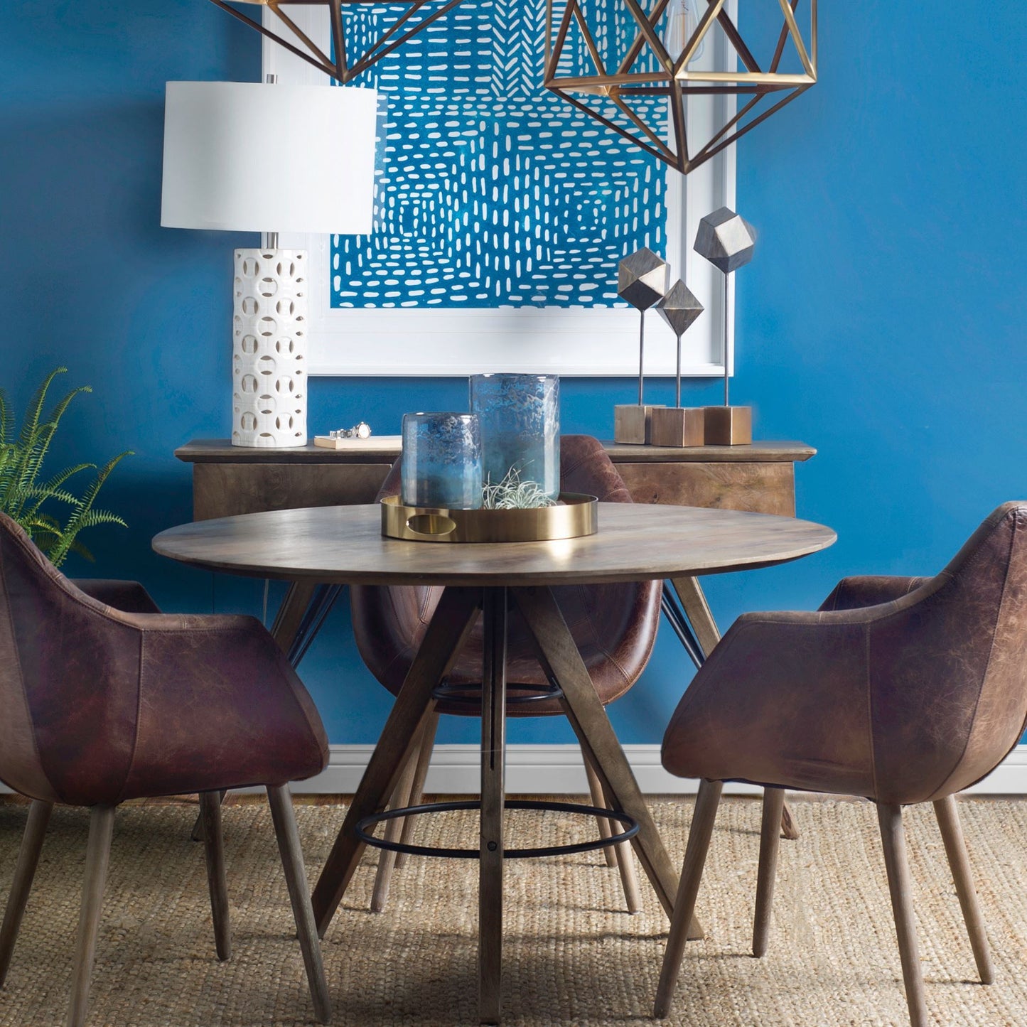 Caspian II Short Blue Glass Antiqued Brass Bottom Vase