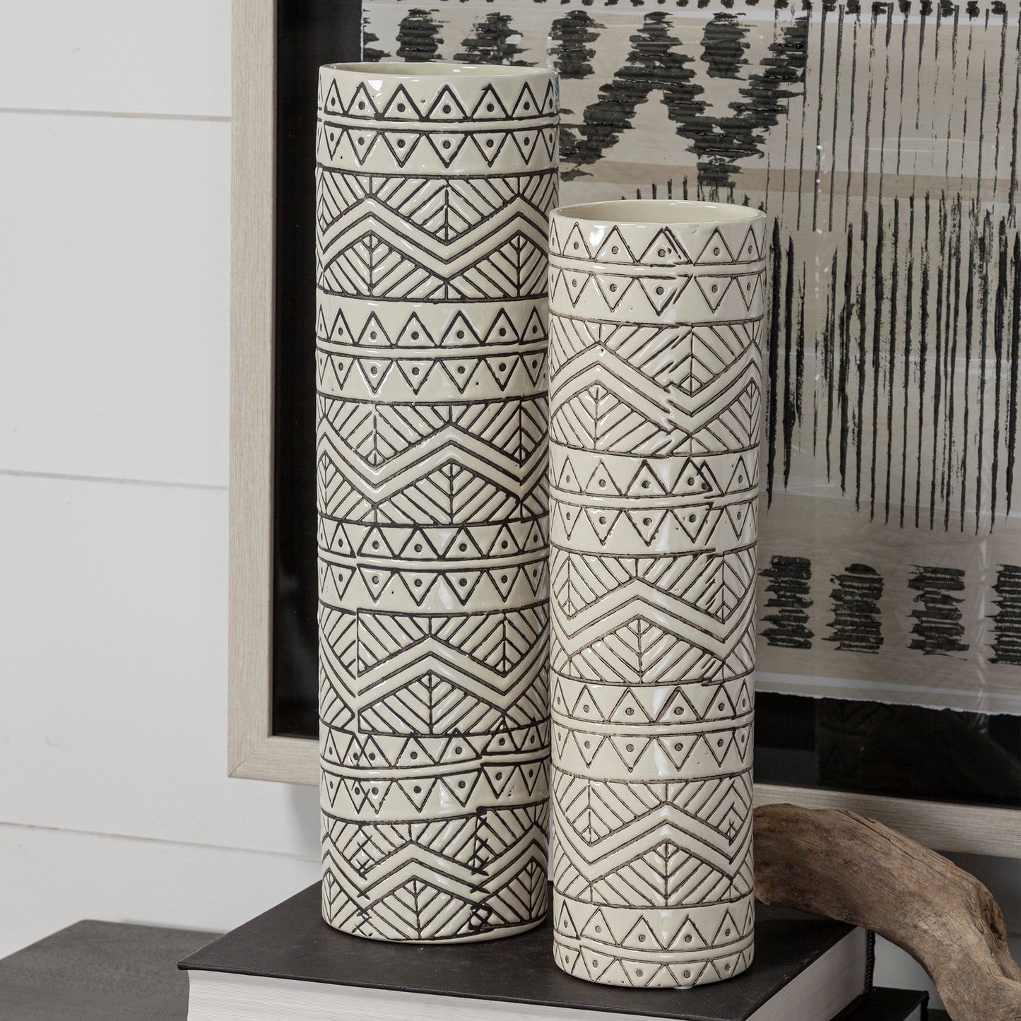 Uhura I Small Cream Black Patterned Cylindrical Vase