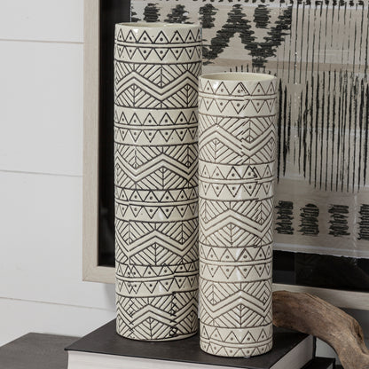 Uhura I Small Cream Black Patterned Cylindrical Vase