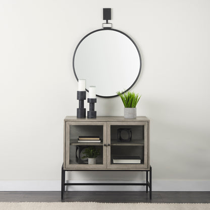 Arelius 36L x 18W x 32H Gray Wood, Black Metal Base w/ 2 Glass Doors Accent Cabinet