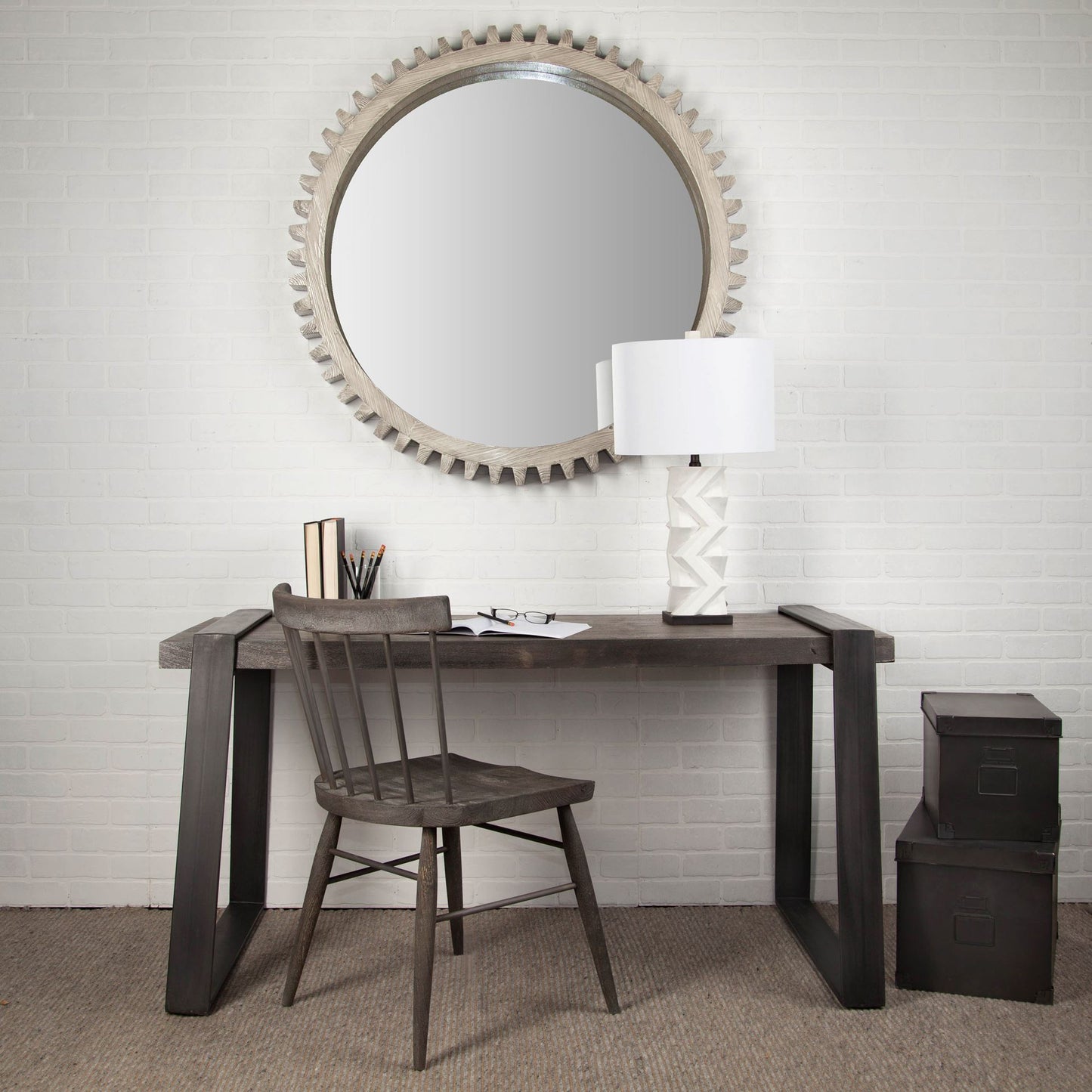 Cog Mirror 44" Round Gray Wood Frame Mirror