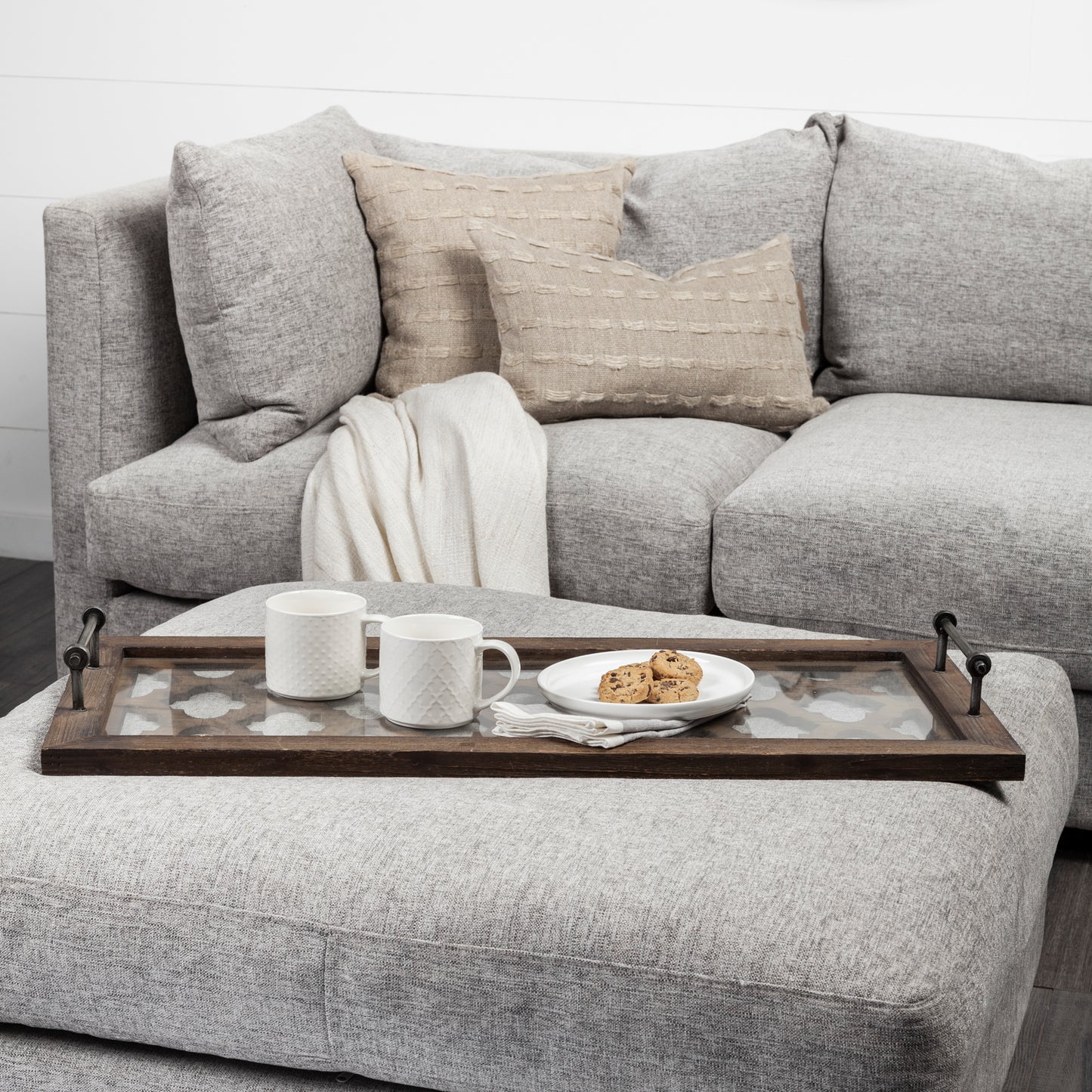 Stotonic 35L x 16W Brown Wood W Glass Top Rectangular Serving Tray