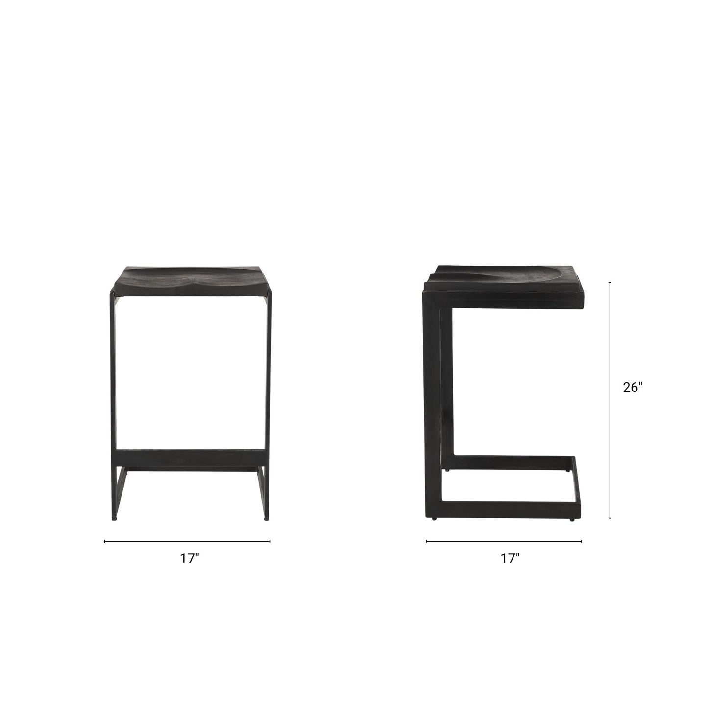 Kiran 17L x 17W x 26H Black Wood W/ Black Metal Base C-Shape Counter Stool