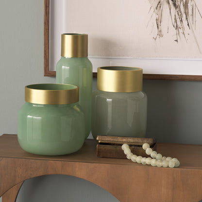 Minty 5.7L x 5.7W x 16.8H Green Glass Vase W/Matte Gold Metal Neck Cuff