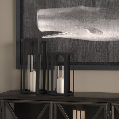 Balley 9.4L x 9.4W x 19.7H Set of Two Matte Black Metal Hexagonal Candle Holder Lanterns