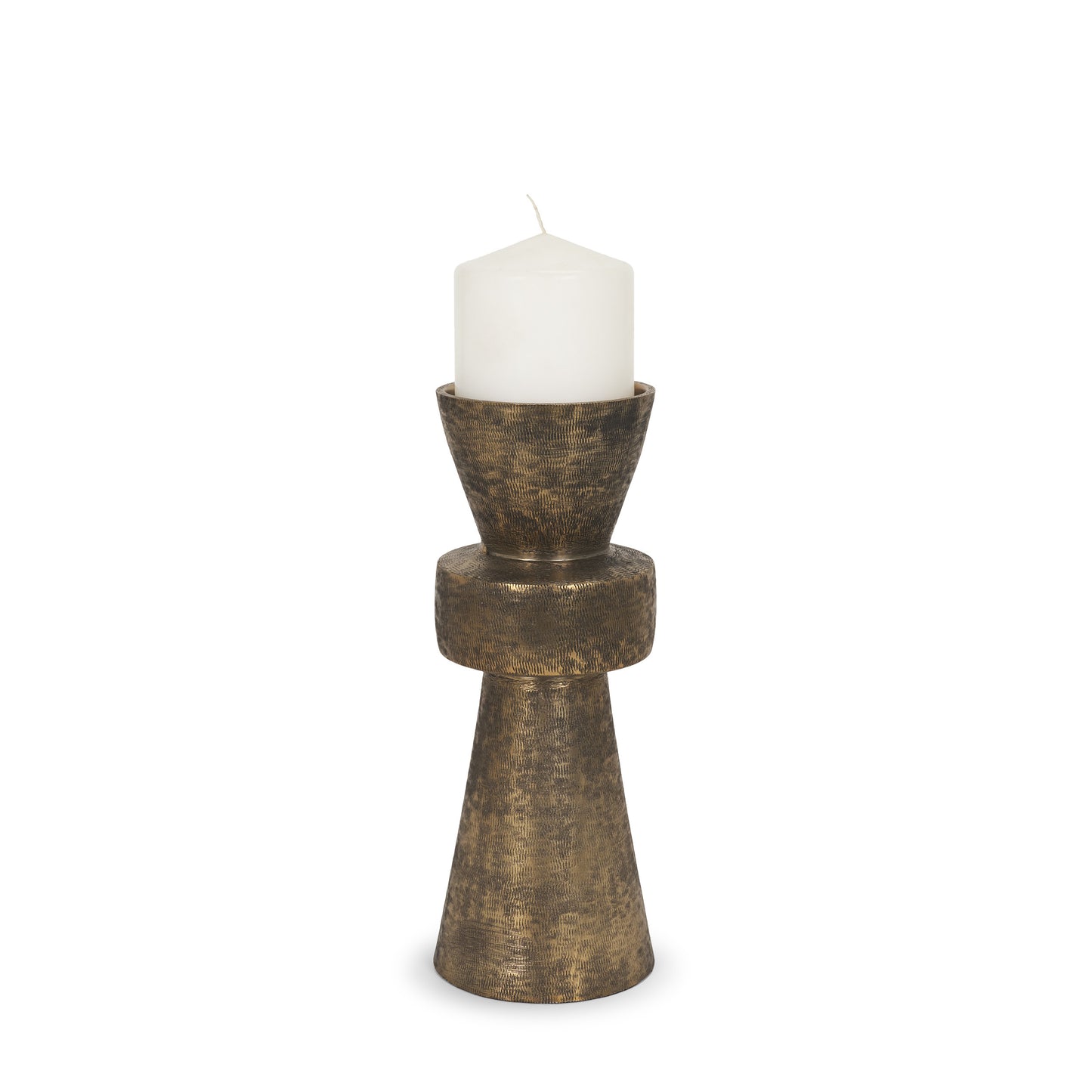 Odilia Small Textured Antiqued Gold Metal Geometric Pillar Candle Holder