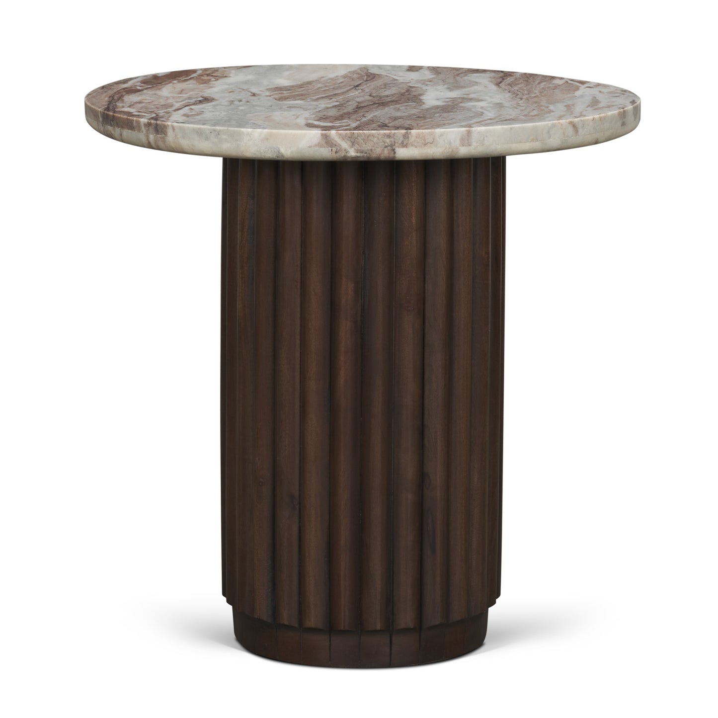 Marbrello Pink Marble Top Espresso Brown Fluted Wood Round Side Table