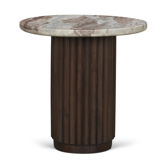 Marbrello Pink Marble Top Espresso Brown Fluted Wood Round Side Table