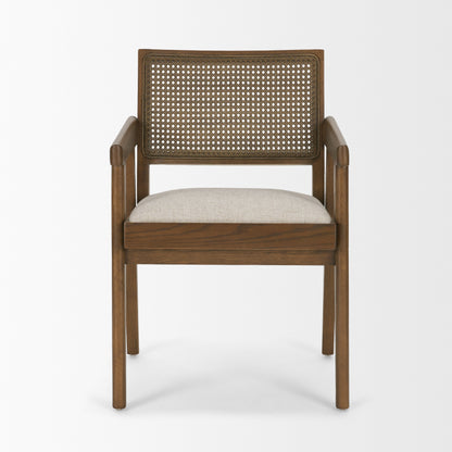Reid Framed Brown Cane Cream Fabric Dining Armchair