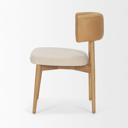Motley Curved Open Back Cream Fabric and Tan Leather Dining Chair