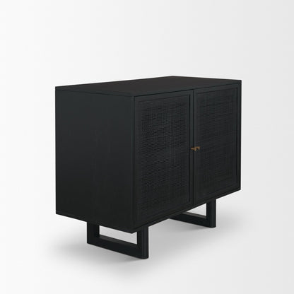 Grier Matte Black Stained Wood w/ Black Cane Accent Cabinet