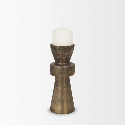 Odilia Small Textured Antiqued Gold Metal Geometric Pillar Candle Holder