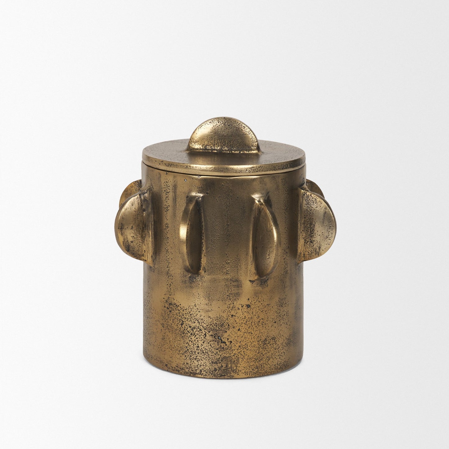 Deacon Small Antiqued Gold Metal Canister with Sculptural Handles