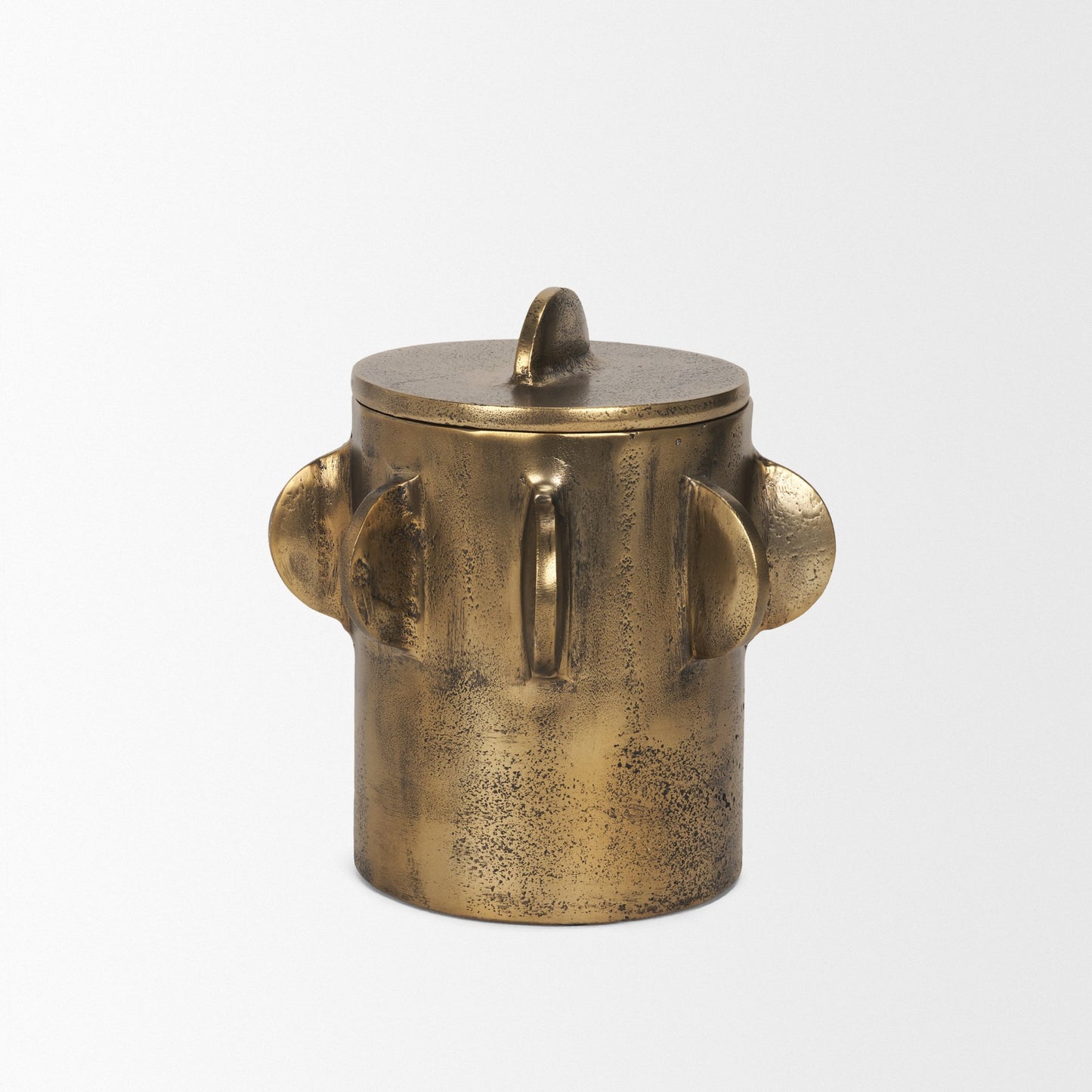 Deacon Small Antiqued Gold Metal Canister with Sculptural Handles