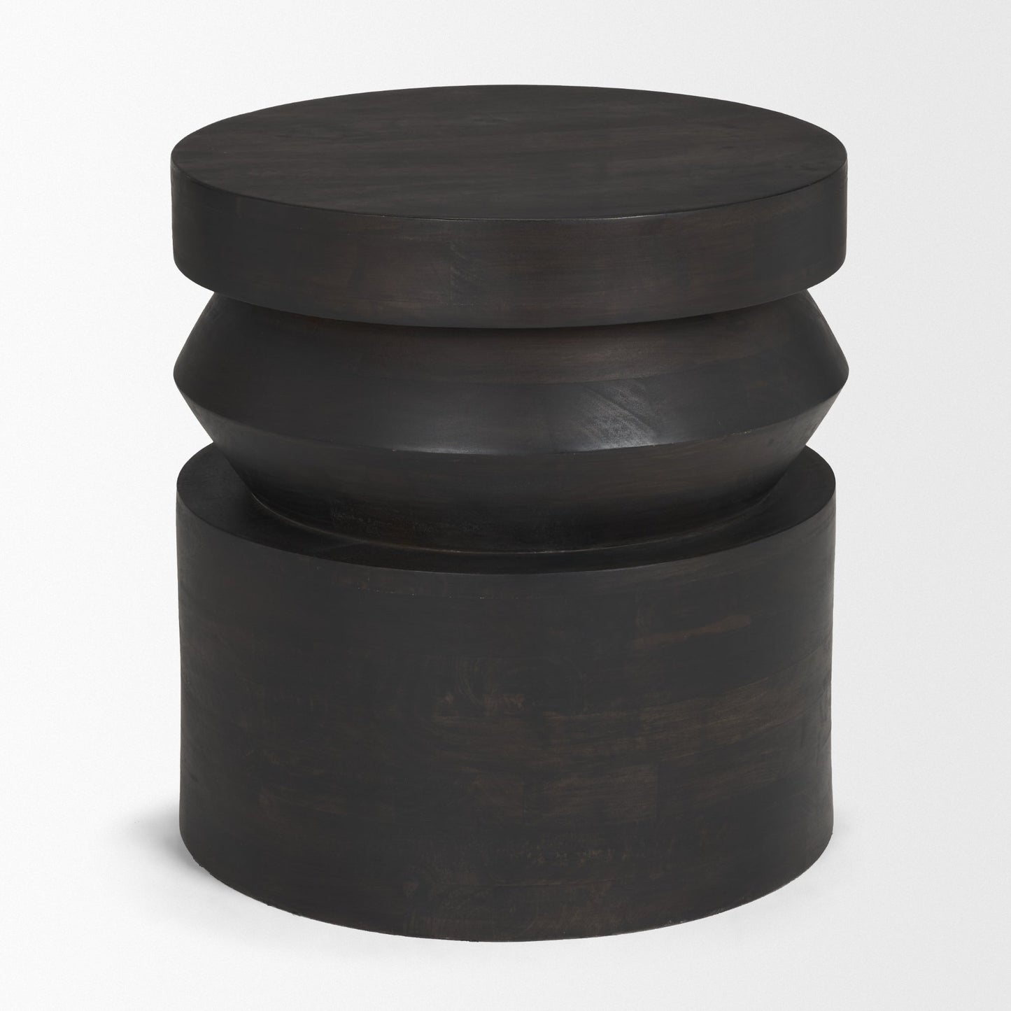 Rashama Dark Brown Wood Stacked Geometric Round Accent Table