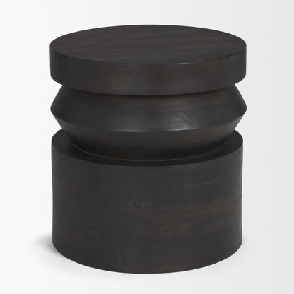 Rashama Dark Brown Wood Stacked Geometric Round Accent Table