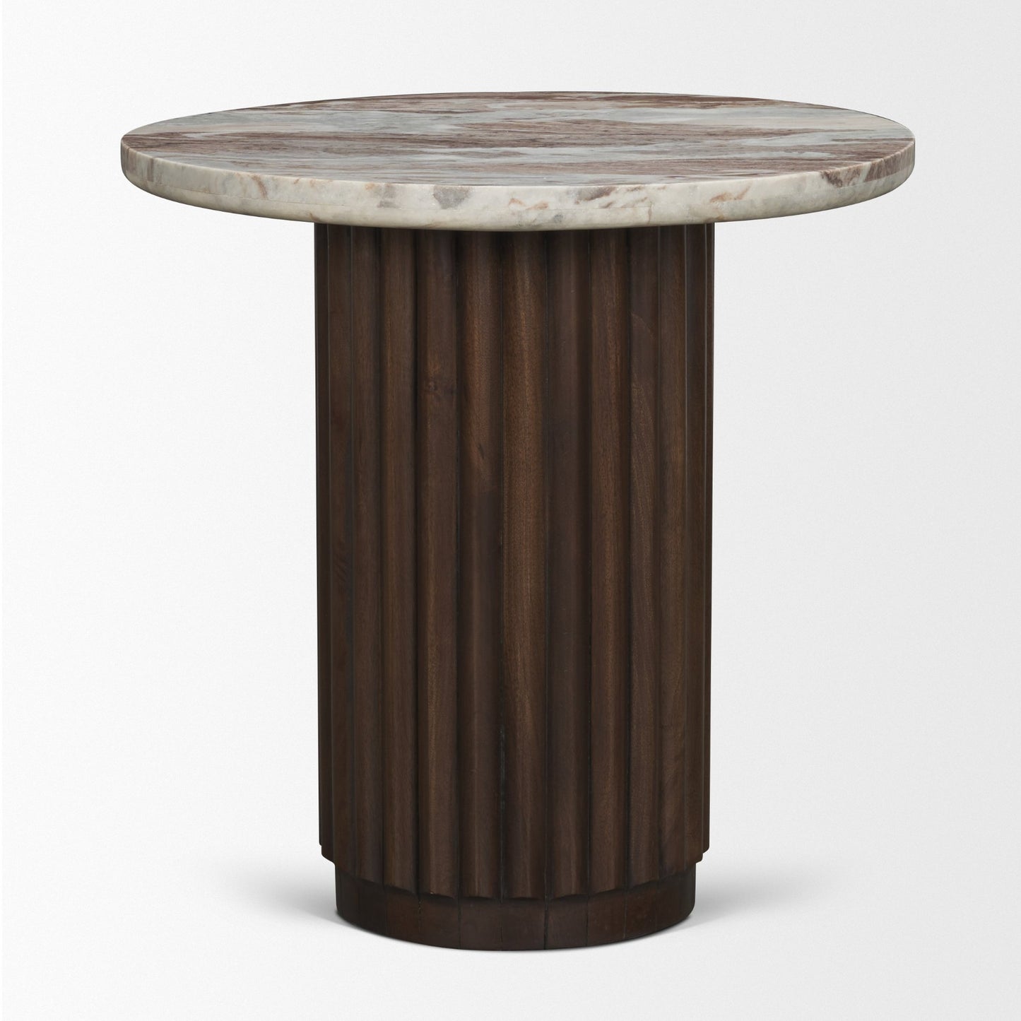 Marbrello Pink Marble Top Espresso Brown Fluted Wood Round Side Table