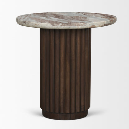 Marbrello Pink Marble Top Espresso Brown Fluted Wood Round Side Table