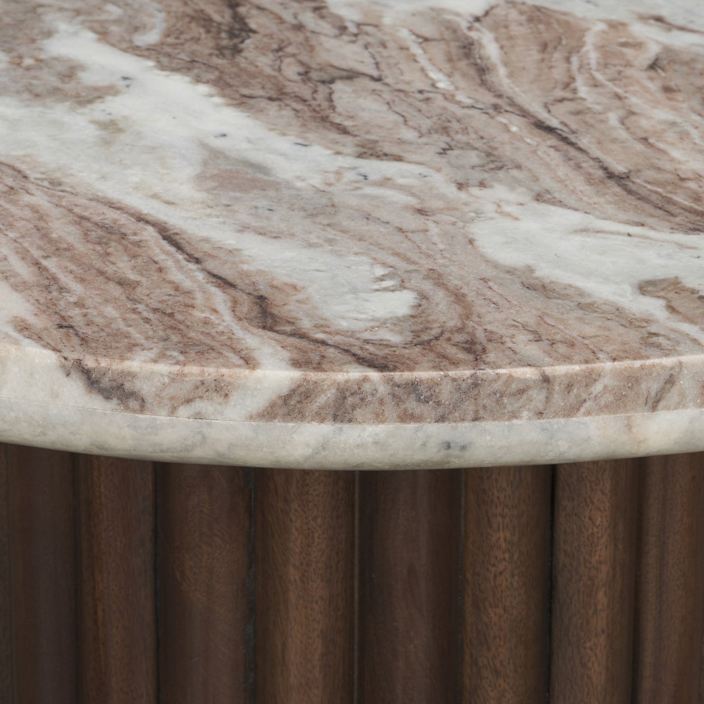 Marbrello Pink Marble Top Espresso Brown Fluted Wood Round Side Table