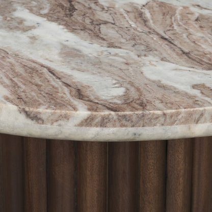Marbrello Pink Marble Top Espresso Brown Fluted Wood Round Side Table