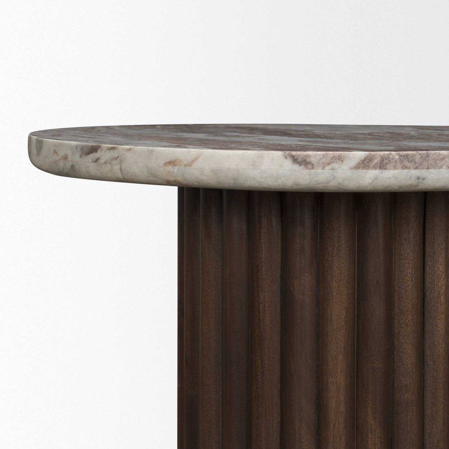 Marbrello Pink Marble Top Espresso Brown Fluted Wood Round Side Table